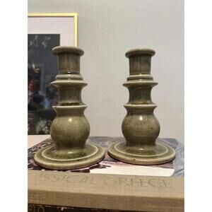 Dansk Glazed Pottery Candleholders Featuring A Ringed Stacked Design Olive Green